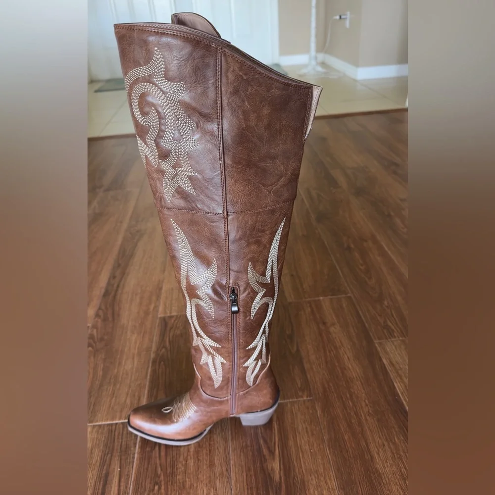 Brown Embroidered Knee-High Western Boots for Women - Picture 3 of 6
